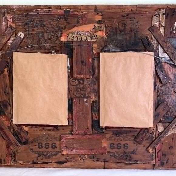 Antique Tramp Art Double Picture Frame Handmade Folk Art Cigar Boxes 28.5" Rusti - Picture 11 of 15